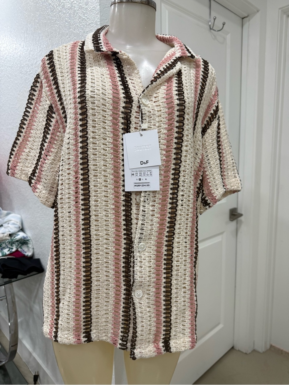 Pink, Brown & Cream Striped Knit Short-Sleeve Shirt